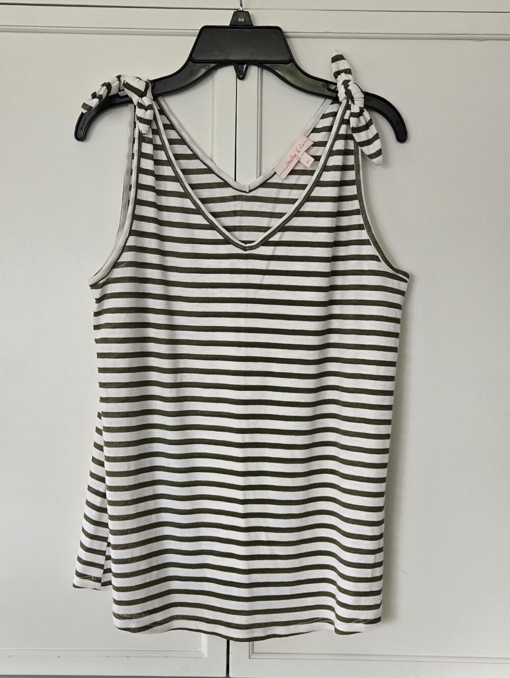 Striped Tie-Shoulder Tank Top in Olive & White